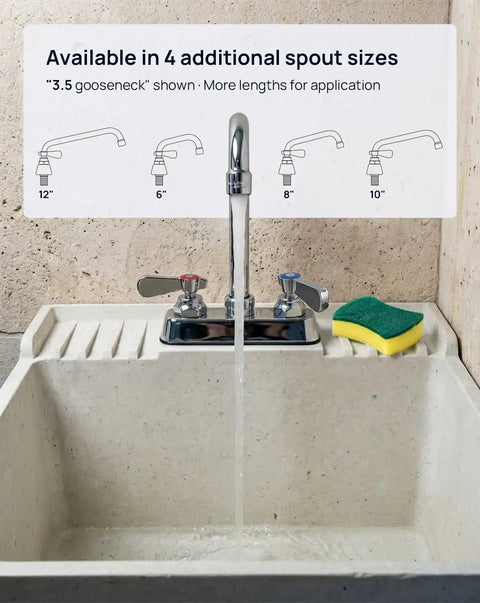 Heavy Duty Commercial Gooseneck Faucet Deck Mount Two Handle Solid Brass Build Chrome Finish rust resistant spout sizes displayed