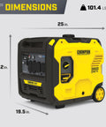 Dimensions of 6500-Watt RV Ready Portable Inverter Generator With Quiet Technology shown; 25x23.2x19.5 inches, 101.4 lbs