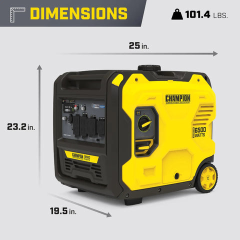 Dimensions of 6500-Watt RV Ready Portable Inverter Generator With Quiet Technology shown; 25x23.2x19.5 inches, 101.4 lbs