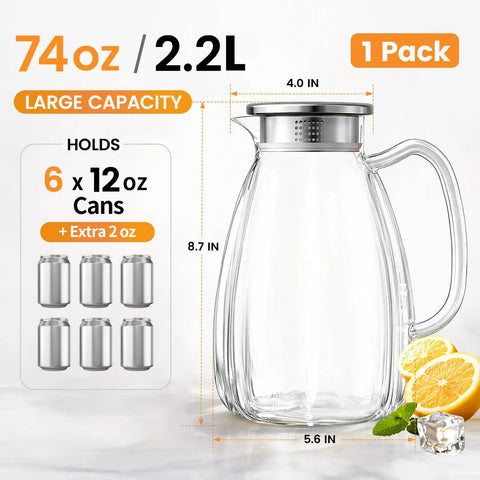 2.2L Glass Pitcher With Lid And Handle, Borosilicate Water Carafe, Stainless Steel Dual Filter Lid, Heat Resistant