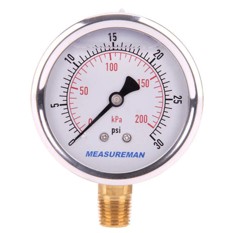 Glycerin Filled Two And A Half Inch Pressure Gauge Dual Scale 0 To 30 Psi And KPa 304 Stainless Steel Case One Quarter Inch NPT Lower Mount