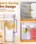 Two 64oz Leakproof Plastic Pitchers With Lids For Fridge Door, one with lemon slices, showing space-saving design in fridge.