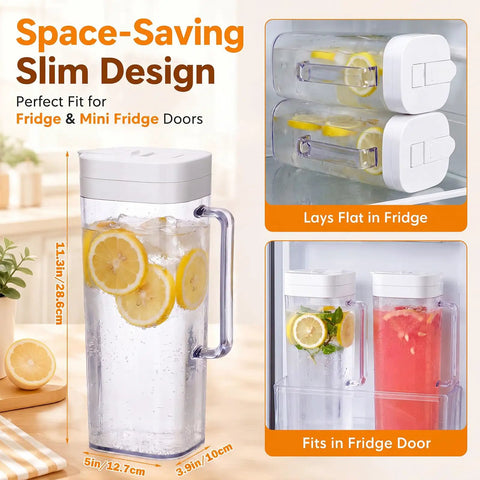Two 64oz Leakproof Plastic Pitchers With Lids For Fridge Door, one with lemon slices, showing space-saving design in fridge.