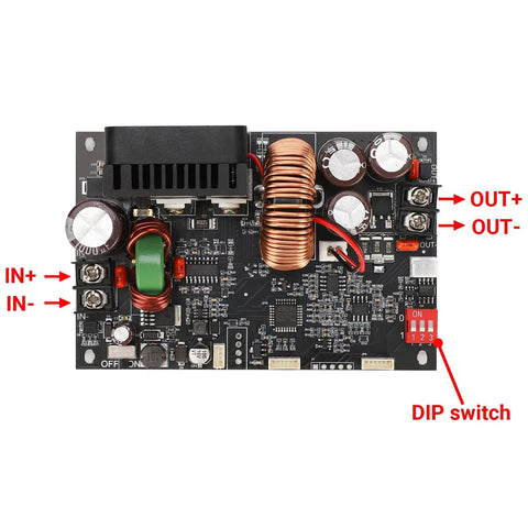 DC Buck Converter With Meter 6-70V In To 0-60V Out Up To 20A 1200W Step Down Power Supply circuit board with labeled inputs