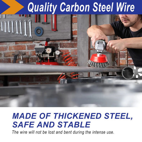 Person using 4 Inch Wire Wheel Set For Angle Grinders, 3 Pack With Five Eighth Inch Eleven Threaded Arbor on metal pipe
