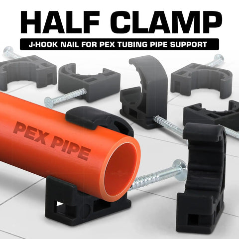 Half Clamp J Hook With Nail For PEX Tubing Support One Half Inch Black Durable Plastic Pipe Hanger in use with orange PEX pipe