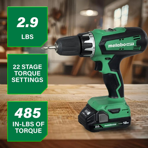 18V MultiVolt Cordless Hammer Drill displaying torque settings and weight, part of Combo Kit with 2 Lithium Ion Batteries, Fast Charger