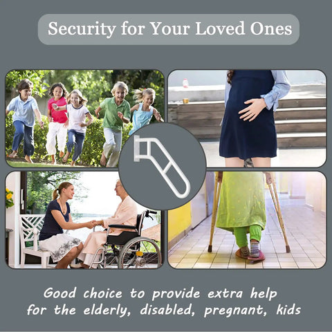 Collage showing kids playing, a pregnant woman by stairs, a caregiver with wheelchair, and a child climbing stairs, symbolizing safety with Beefed Up U Shaped Outdoor Stair Handrail With Two Crossbars 26 Inch Wall Mounted Grab Bar In Black Matte Finish For Porch Garden Yard And Indoor 1 To 3 Step Stairs Safety Rails For Easy Grip And Fall Prevention.