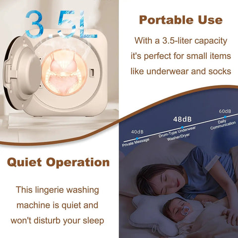 Slick Portable Washer And Dryer Combo Featuring Stainless Steel Drum Wall Mounted Design Self Cleaning Tub Auto Drain System Perfect For Dorms Apartments Or Tiny Spaces No Sweat Laundry Days Ahead, showing 3.5L capacity for small items.