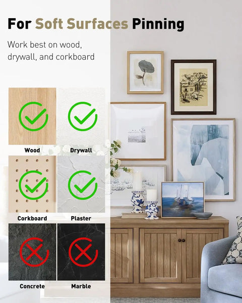 Top Tier 80 Piece Picture Hanging Kit Featuring Assorted Bulletproof Metal Hooks And Heavy Duty Nails For Stress Free Wall Art Displays Supporting Up To 60 Pounds For Quick Do It Yourself Home Makeovers showing surfaces for pinning.