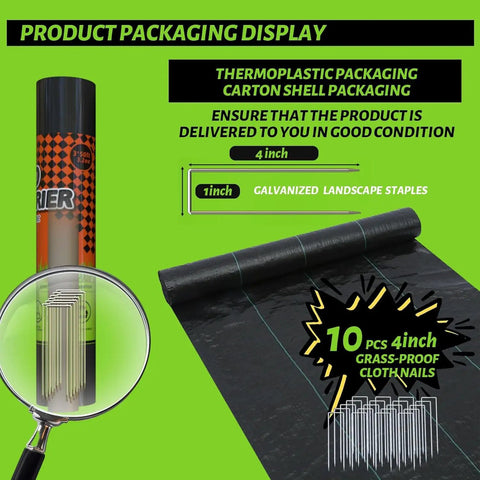 Heavy Duty 3x50ft Weed Barrier Landscape Fabric 3.2oz Geotextile Ground Cover Mat shown with packaging and staples