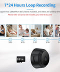 Ultra Compact WiFi Spy Camera With Remote Monitoring Night Vision For Home Nanny Cam And Pet Baby Monitor Auto Video Recording Supports Micro SD Card 8GB To 64GB, showing loop recording feature and 32GB micro SD card example.