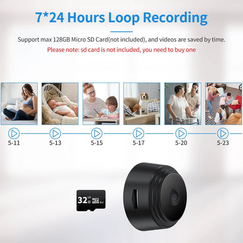 Ultra Compact WiFi Spy Camera With Remote Monitoring Night Vision For Home Nanny Cam And Pet Baby Monitor Auto Video Recording Supports Micro SD Card 8GB To 64GB, showing loop recording feature and 32GB micro SD card example.