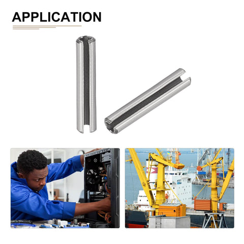 Slotted Roll Pin 2.5mm X 10mm 20 Pack 304 Stainless Steel Silver for home workshop and machine fasteners, shown in application.
