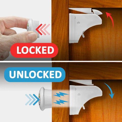Childproof Cabinet Locks Kit With 12 Locks And 2 Keys Adhesive Mount No Tools Needed Easy Three Minute Setup for locking mechanism display.
