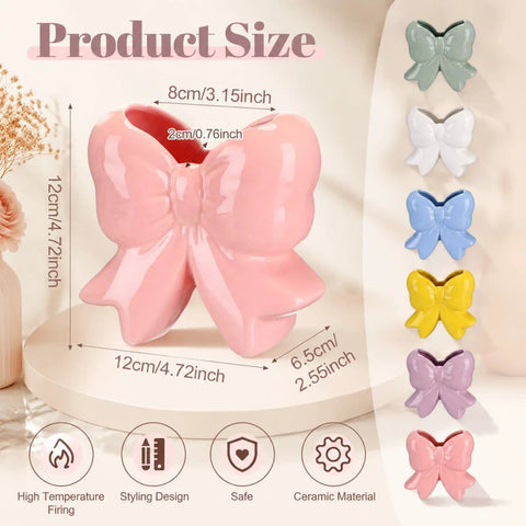 Six Piece Bow Pencil Holder Set For Back To School Ceramic Coquette Pen Holder Desk Organizer with pastel colors and dimensions.