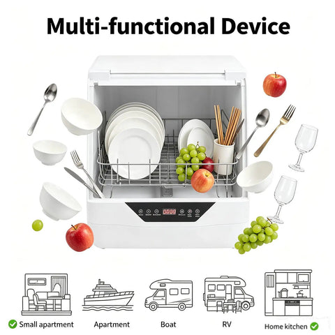 Portable Countertop Dishwasher With 360 Swishing Spray And Crisp Led Interface Nifty Compact Mini Cleaner with dishes and fruits.
