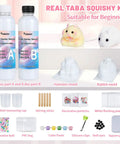 Taba Squishy Making Kit For DIY Squishies One To One AB Liquid Silicone with hamster and rabbit molds, stirring sticks, decorative items.