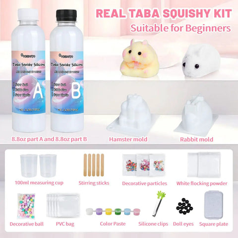 Taba Squishy Making Kit For DIY Squishies One To One AB Liquid Silicone with hamster and rabbit molds, stirring sticks, decorative items.