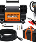 Beefy Dual Cylinder Air Compressor With Digital Pressure Gauge Tire Inflator Kit, 12V Portable with accessories and storage bag.