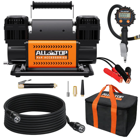 Beefy Dual Cylinder Air Compressor With Digital Pressure Gauge Tire Inflator Kit, 12V Portable with accessories and storage bag.