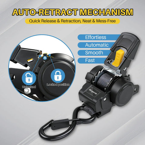 One Inch By Five Foot Bolt On Auto Retractable Ratchet Tie Down Strap Featuring Slick Quick Release Reel, showing auto-retract mechanism.
