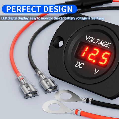 12V Red LED Digital Voltmeter Gauge Waterproof 24V 36V Compatible Car Truck RV Boat Marine Volt Meter With Easy Panel Or 29mm Hole Mount Built Tough Readout For Auto And Marine Use, red LED display with wiring
