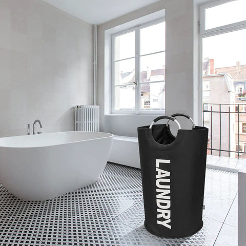 95L Large Collapsible Laundry Basket With Aluminum Handle And Soft Grip, Freestanding Tall Clothes Hamper, Foldable Washing Bin In Black