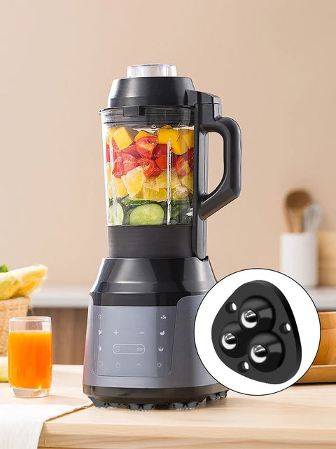Blender with fruit inside on kitchen counter, inset shows 12 Pack Mini Appliance Caster Wheels With 360 Degree Rotation Self Adhesive Swivel Casters.