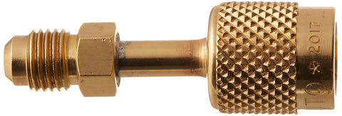 Acme Quick Coupler X 1/4 Mfl for HVAC R134a Refrigeration, CH14 Adjust A Valve Opener shown in brass side view