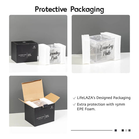 Premium Acrylic Laundry Pods Container With Lid packaging with protective foam, showing box for Tide Pods and detergent capsules storage.