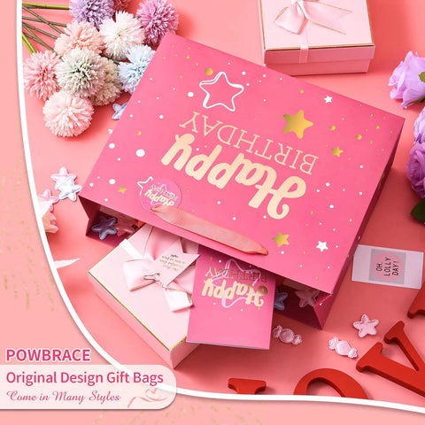Pink Happy Birthday Gift Bag With Tissue Paper And Greeting Card For Party Medium Size Gift Bags For Men And Women Easy To Carry And Reuse Pink Hot Stamping Design 1 Pack Or 2 Pack Options on a festive background