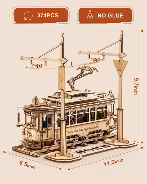 3D Wooden Puzzle Model Car Kit For Adults Build A Classic Tram Train Set With Realistic Rails And Real Wood Finish Hands On Toy Gift Idea For Christmas Fathers Day Birthday Dope Build Experience, 11.3-inch wooden tram model, 374 pcs, no glue