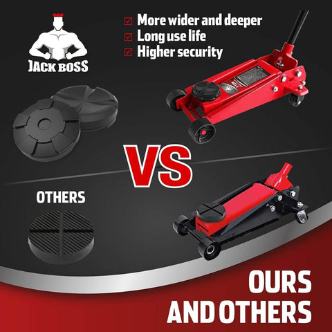 Comparison of Universal Large Floor Jack Rubber Pads Set with red floor jacks highlighting design differences and benefits.
