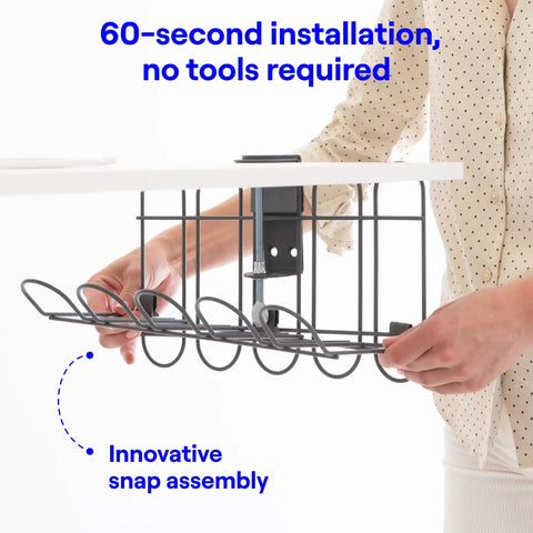 Under Desk Cable Organizer Tray With No Drill Clamp Tool Free Cord Management System, hands installing under white desk, grey metal