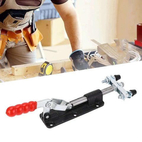 Heavy Duty Push Pull Toggle Clamp 80mm Stroke 350kg Clamping Force with red ergonomic handle in workshop setting
