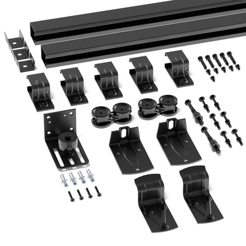 Built Tough Heavy Duty 6Ft Box Rail Barn Door Hardware Kit for Indoor and Exterior Use, zinc plated steel parts visible