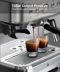 Kickstart Your Day With This Top Shelf 15 Bar Semi Auto Espresso Machine Packing A Sick Built In Conical Burr Grinder And Smooth Steam Wand For Legit Cappuccinos And Dope Lattes At Home Or Work 77 Oz Tank, espresso pouring into two clear glasses.