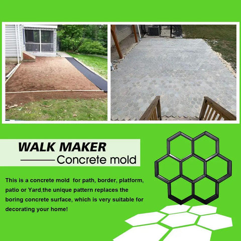 Collage of Reusable Honeycomb Concrete Mold Set for Walkways And Stepping Stones DIY Paver Path Maker, beefy polypropylene construction in use
