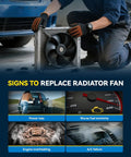 Premium Direct Swap Radiator Cooling Fan Assembly For Chevy Cruze And Verano Engine Electric Blower Motor with maintenance signs.