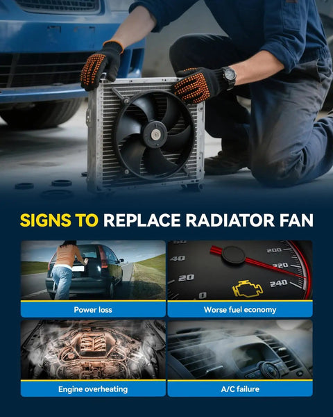 Premium Direct Swap Radiator Cooling Fan Assembly For Chevy Cruze And Verano Engine Electric Blower Motor with maintenance signs.