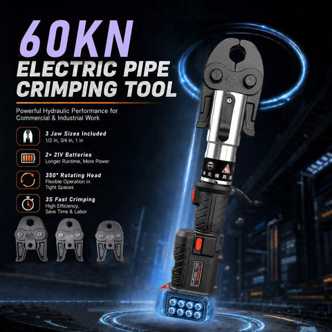 60KN Electric Copper Pipe Crimping Tool with rotating head, electric hydraulic press, designed for plumbing jobs, includes 3 jaw sizes.