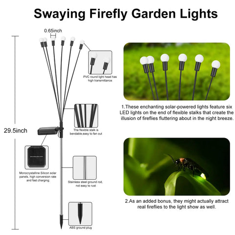 Solar Powered Firefly String Lights Outdoor Waterproof 3000K Warm White 2 Pack With Six Matte Globe LEDs Swaying In The Breeze To Create A Romantic Cozy Vibe In Your Yard Garden Patio Pathway Decor