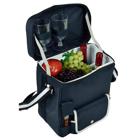 Top Tier Handcrafted Monogrammed Wine And Cheese Picnic Basket Cooler With Hardwood Board, Cheese Knife And Corkscrew, Built Tough In Usa For Patio Block Parties And Summer Road Trips Gonna Impress showing wine glasses, fruits, and wine bottles inside.