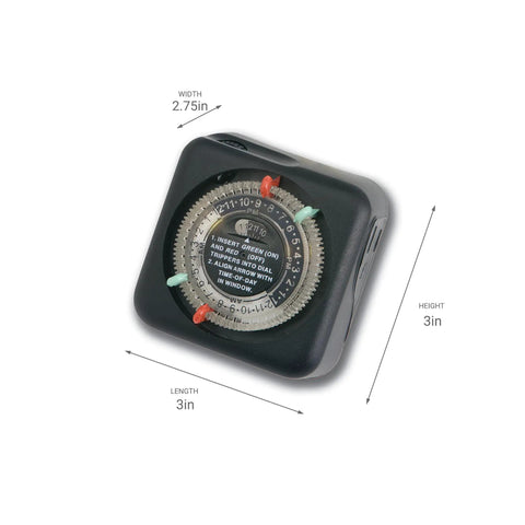 Outdoor Mechanical Timer For Landscape Lighting Automation Plug In Black Tradition Pin Setting Dual On Off Cycles Every 24 Hours Compatible With Professional Plus And Contractor Series Transformers Model 15557BK, square design, 3x3 inches