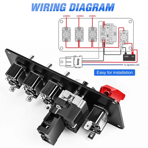 5 In 1 Rocker Switch Panel With Engine Start Button And Relay Harness, wiring diagram, easy install, 12V LED toggle switches