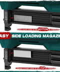 Close-up of side-loading magazine for Ready To Rock Electric Brad Nailer and 2 In 1 Staple Gun, showing nail and staple positions.