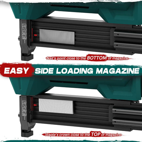 Close-up of side-loading magazine for Ready To Rock Electric Brad Nailer and 2 In 1 Staple Gun, showing nail and staple positions.