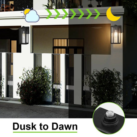 Dusk To Dawn Photocell Sensor Black Outdoor Wall Lantern With Clear Glass Shade displayed in night and day settings