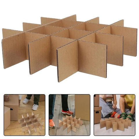 10 Pack Small Size Shipping Carton Dividers With Interlocking Compartments shown in use for organized storage.
